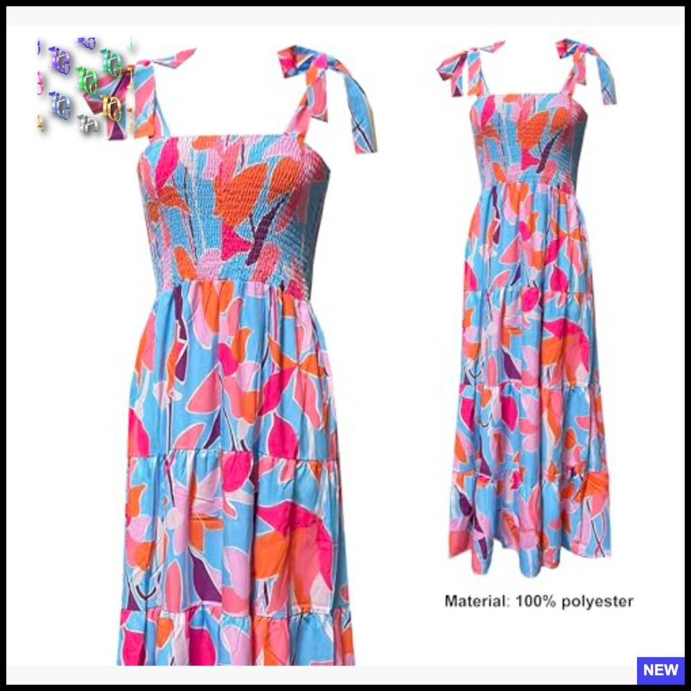 Boho Maxi Dress Summer Casual Flowy Square Neck Spaghetti Strap Ruffle Hem - Picture 5 of 7